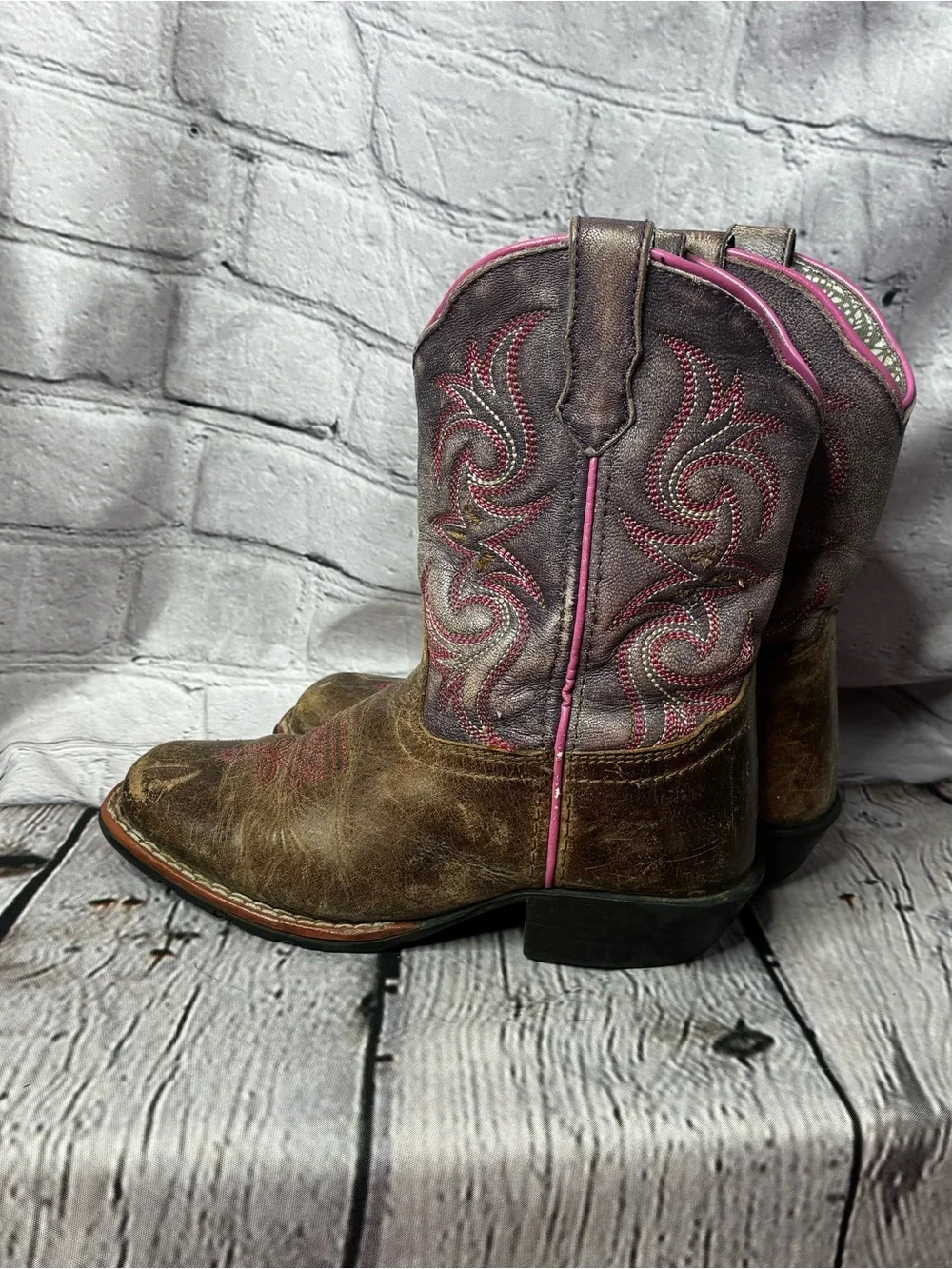 Western Distressed Brown Leather Cowgirl Purple Pink Boho Chic Boots Girls 13D